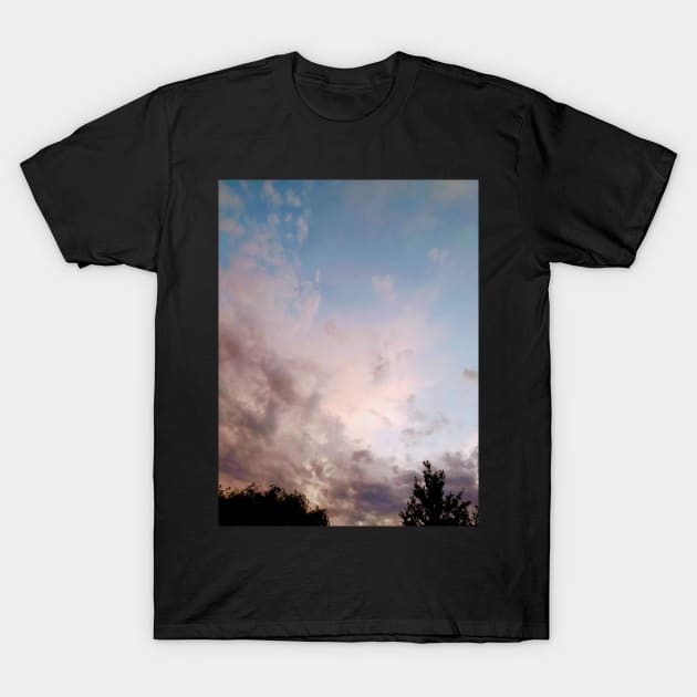 Pink Blue Grey Sky Hometown Clouds Trees And Sky T-Shirt by Nevervand